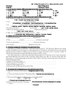 Đề kiểm tra học kỳ II - Năm học 2014 - 2015 môn Tiếng Anh 8